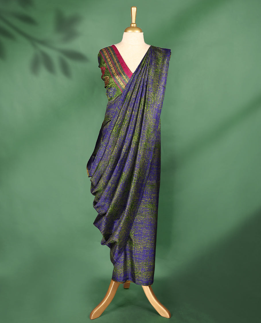 Blue Colour Manipuri saree with green abstract patterns, without border, and comes with a matching blouse.