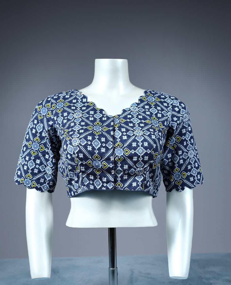 Blue Colour Ajrakh Print, V Neck Design, 2/4th Sleeves, Padded, Ready Made Blouse.