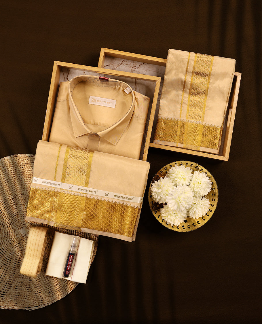 Medium gold coloured silk wedding shirt, dhoti, and towel set from MINISTER WHITE, featuring a gold zari border.