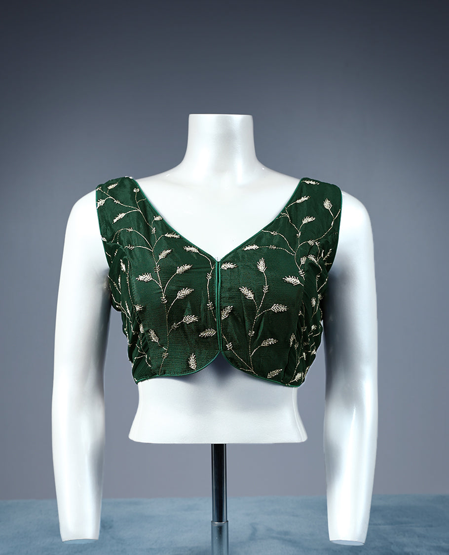 Green Colour Cut Bead Leaf Like Embroidery V Neck Design Attachable Sleeves Padded Ready Made Blouse.