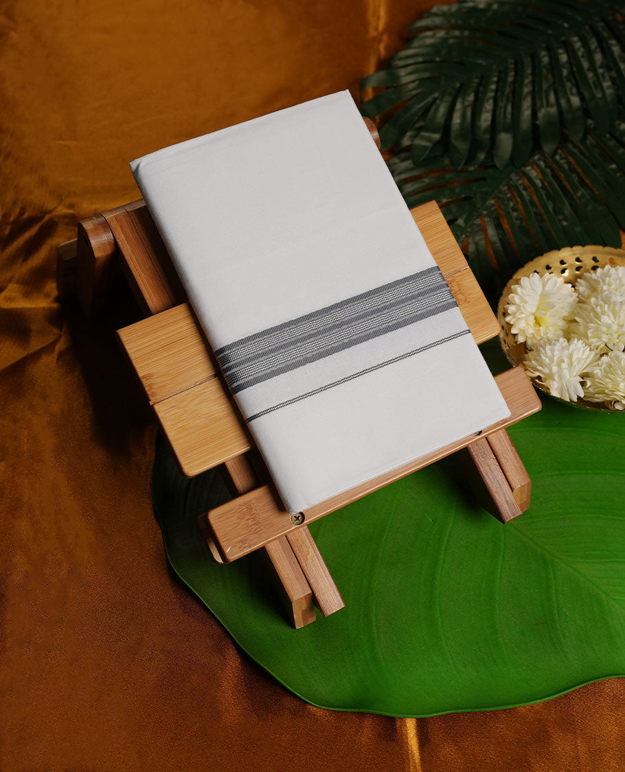 White Colour Pure Cotton single Dhoti with ash and silver Colour Border for Men