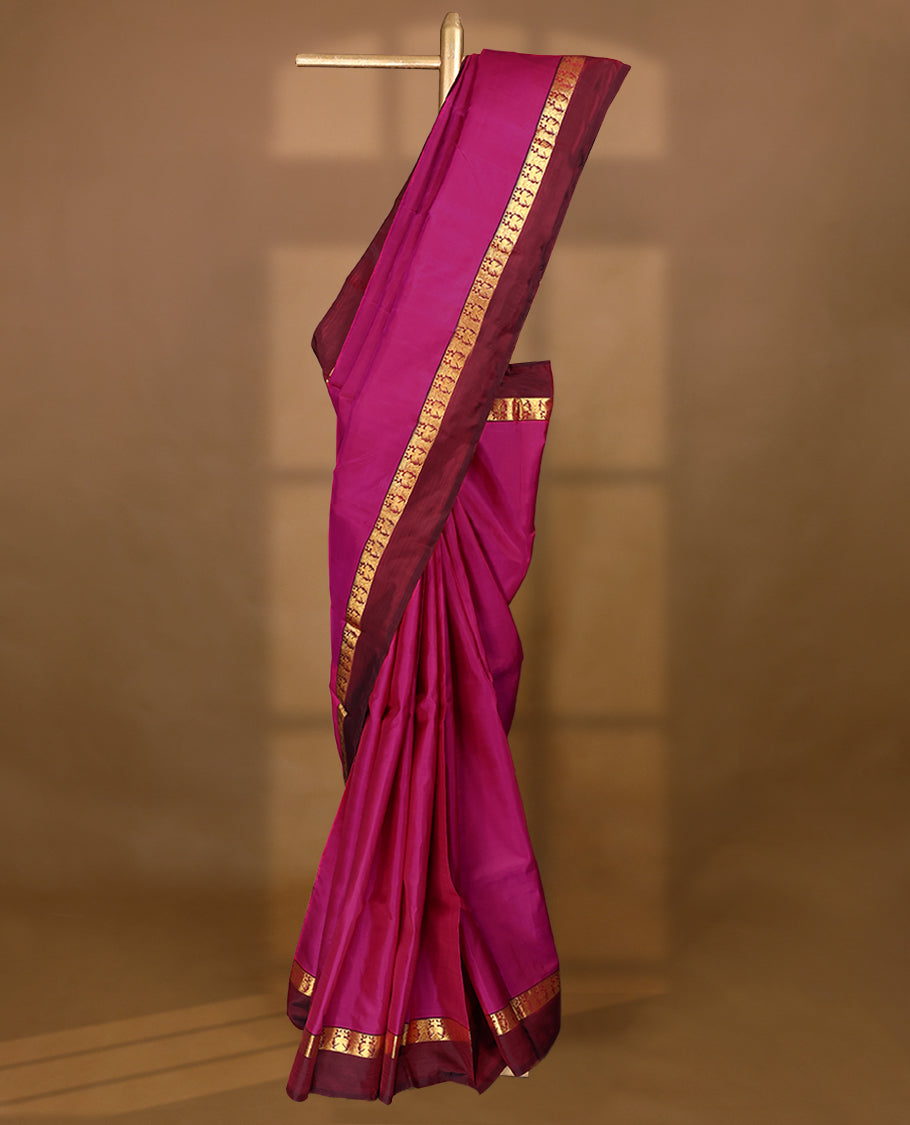 Dark Pink Colour Pure Kancheepuram Traditional Silk Saree having Plain Body with Contrast Border and Blouse