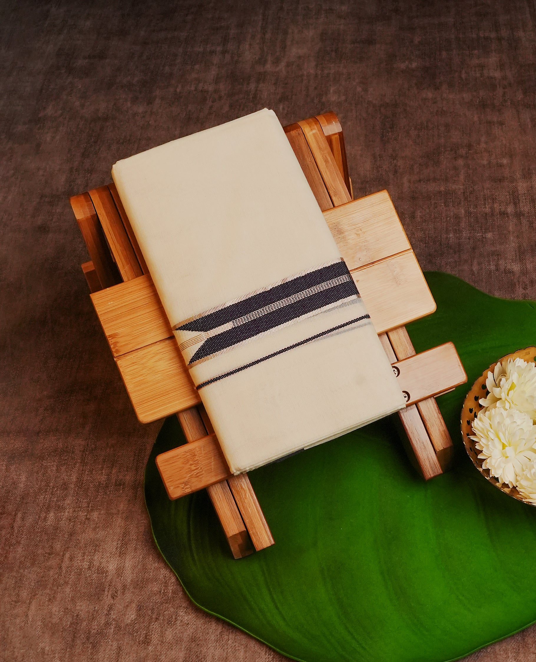 Cream Colour Cotton Double Dhoti Finished With A Classic Silver Zari with Blue design Kara