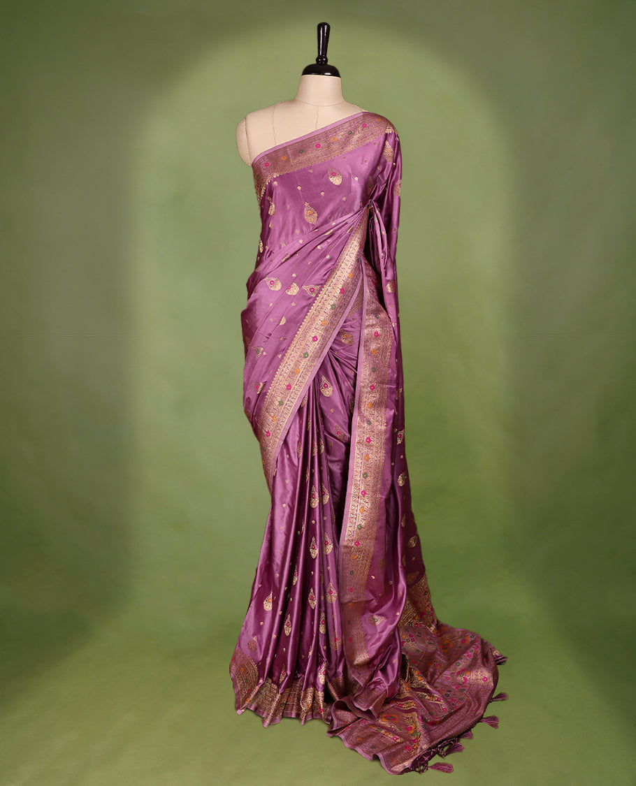 Lilac Colour Semi Banarasi Saree having Golden Buttas in Body with Worked Border and Blouse