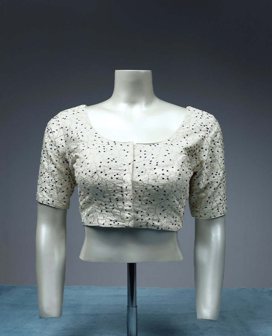 Off White Colour, Contrast Colour Thread Work, Round Neck, 2/4th Sleeves, Padded, Ready Made Blouse.