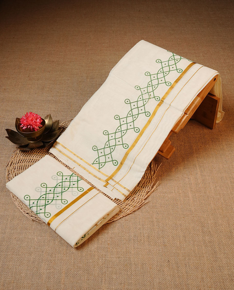 Off white colour Cotton Set Mund featuring elegant green traditional printed border motifs, enhanced with a thin gold zari border.