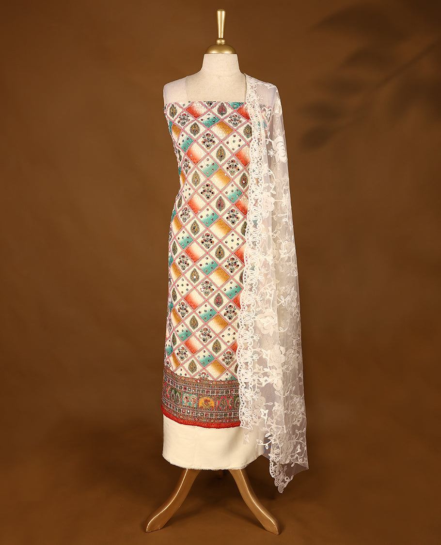 Cream Colour, Mirror Worked Top having Multi Colour Prints & Dark Red Border with Bottom and Thread Worked Dupatta