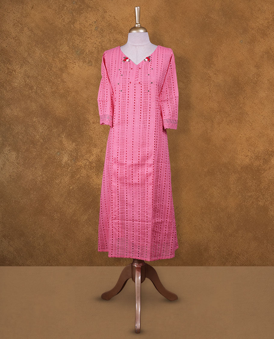 Pink colour kurti with self colour colour thread pattern across the body, knee length design, styled with a V neckline and a sleeve .