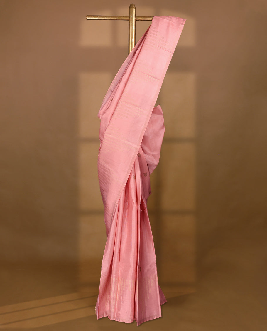 Baby Pink Colour Pure Kancheepuram Traditional Silk Saree having Peacock Buttas in Body with Blouse and without Border
