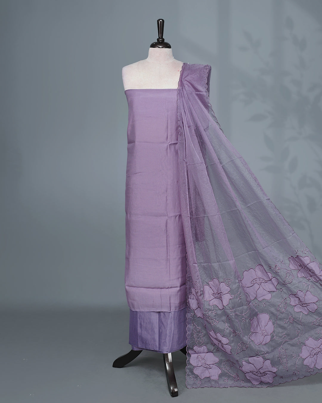 Lavender Colour Mul Chanderi Salwar Material paired with a matching bottom and an elegant floral embroidered organza dupatta