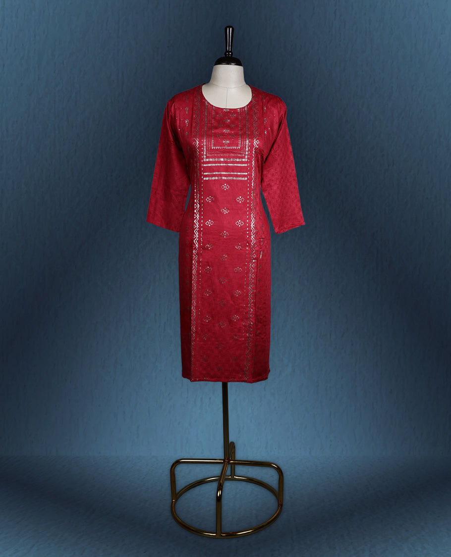 Dim red colour kurti with an all over subtle geometric weave, accentuated by an ornate golden printed front panel, featuring a round neckline and elegant three quarter sleeves