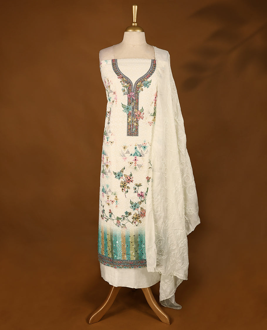 Off-white embroidered ethnic Top with multi-colour prints & light green border, matching bottom, and threadwork dupatta