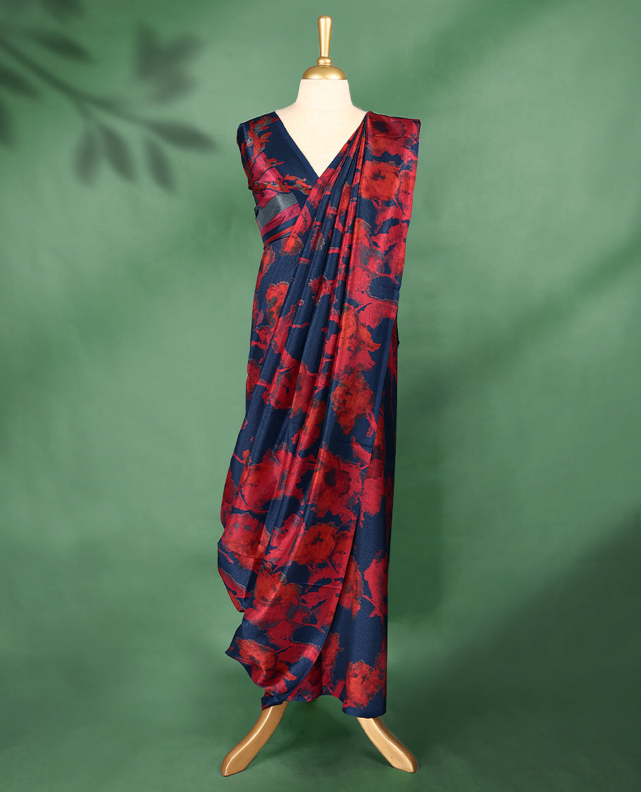 Navy blue colour Manipuri saree featuring oversized crimson red floral motifs, finished without a border, and paired with a matching blouse.
