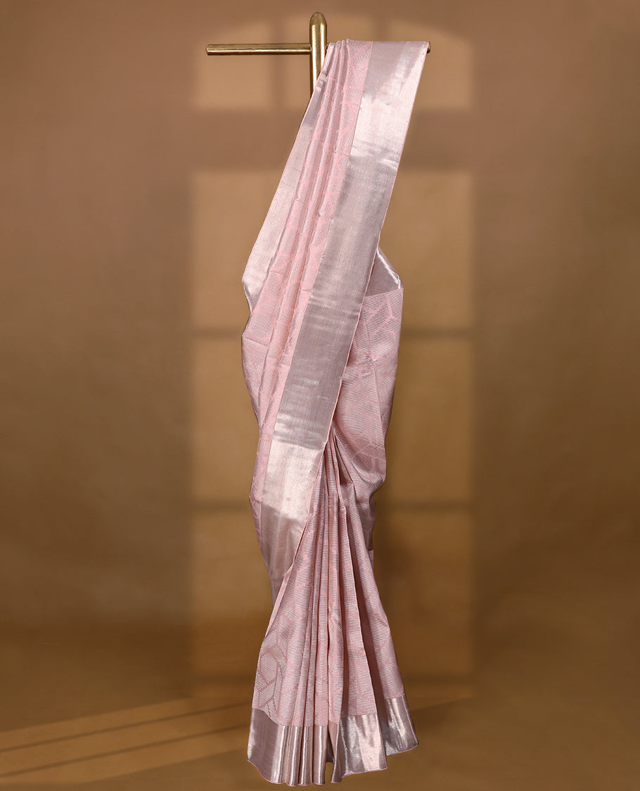 Rose Milk Colour Kancheepuram Wedding Silk Saree having Silver Zari Body and Border with Self Coloured Blouse