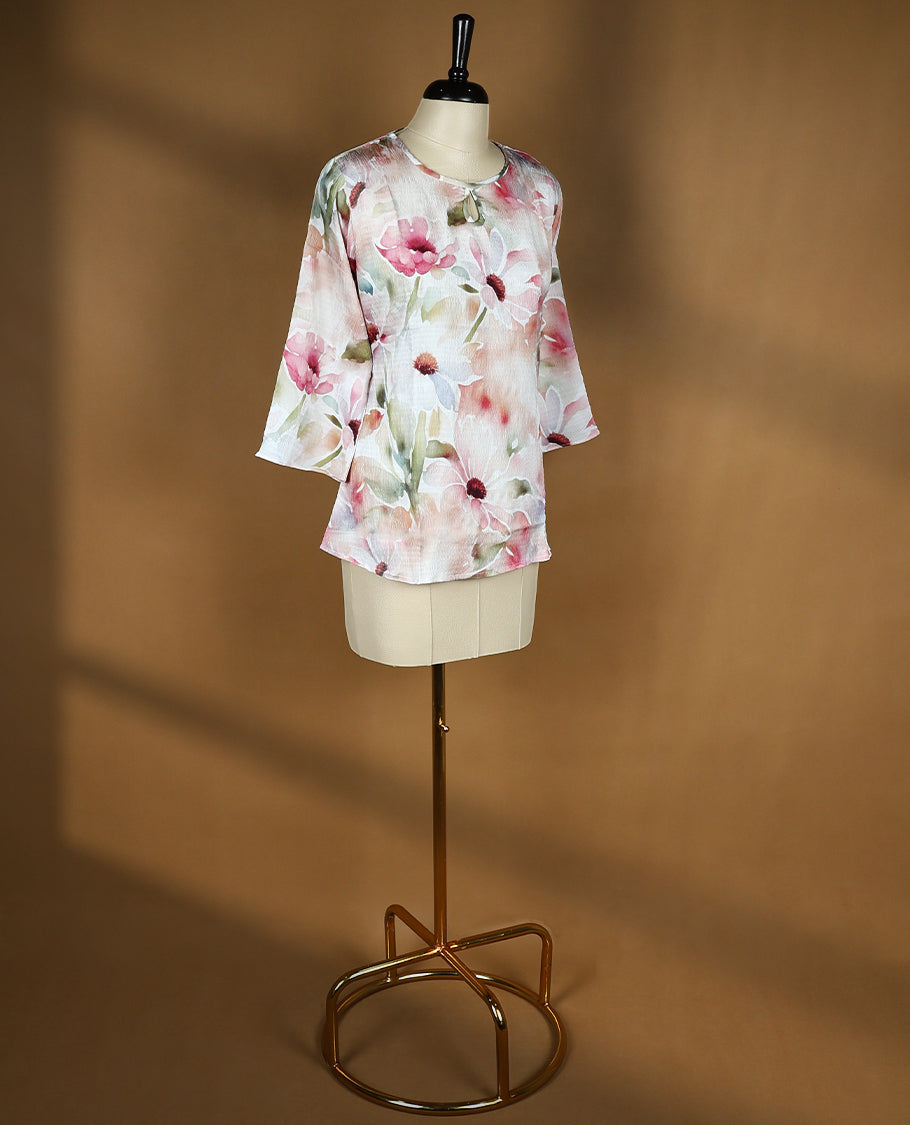 Multi Colour Readymade Floral Printed Short Top For Women with 3/4th Sleeves