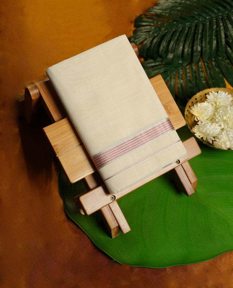 Cream Colour Pure Cotton double Dhoti with Pink and silver Colour Border for Men