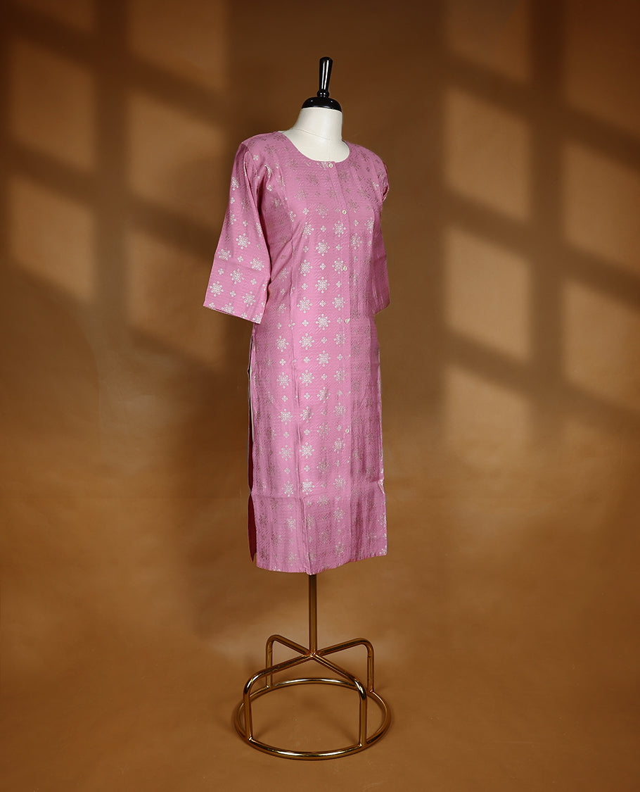 Dusty rose pink colour kurti from TWARA, featuring intricate golden foil print in a geometric floral pattern, finished with a round neckline and a button-down front placket.