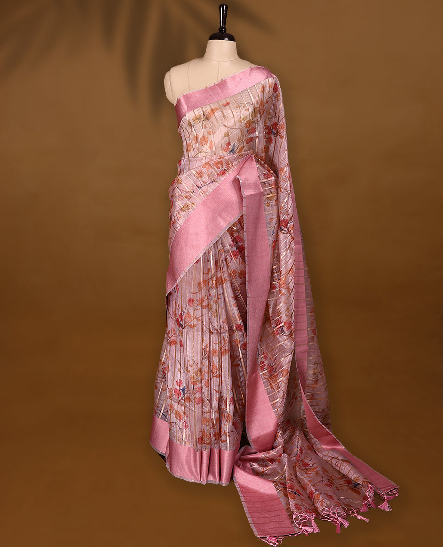 Pink semi-organza saree with intricate floral jaal work, elegant border, and a matching silk brocade blouse.