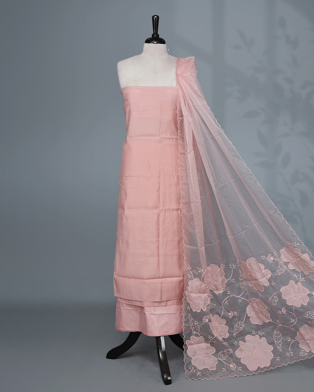 Baby Pink Colour Mul Chanderi Salwar Material paired with a matching bottom and an elegant floral embroidered organza dupatta