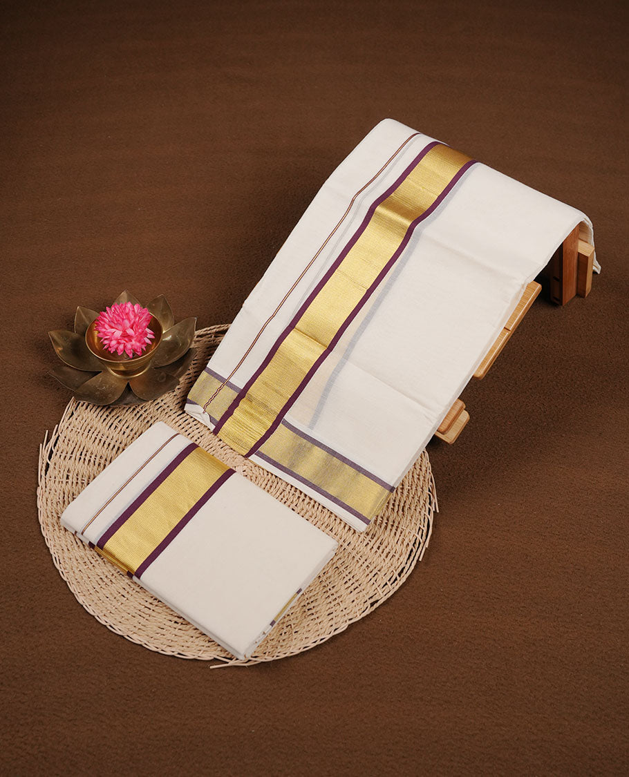 Off white colour cotton set mundu highlights gold and chocolate brown zari border (2.00/2.80 MTS)