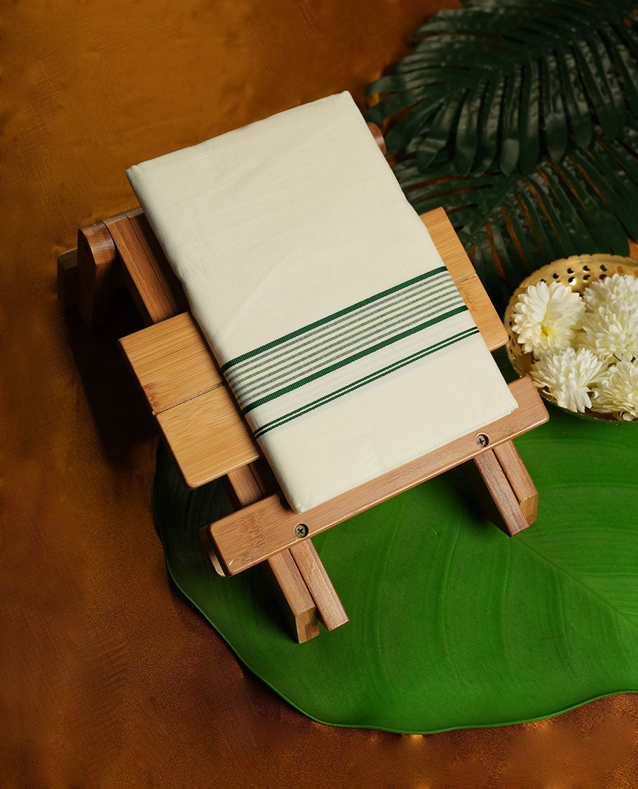 Cream Colour Pure Cotton single Dhoti with Dark green Colour Border for Men
