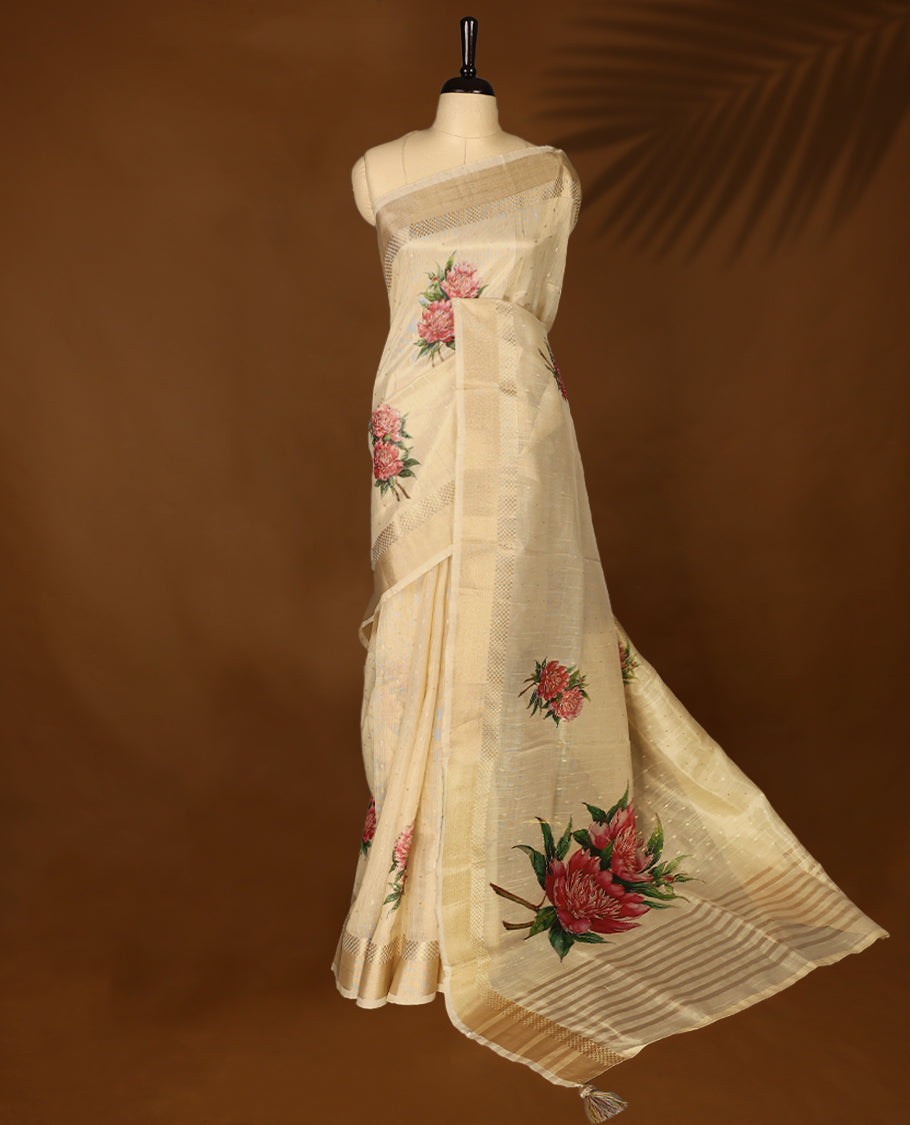 Light gold colour Organza Kerala saree with a sheer, smooth body and soft golden sheen. Accented with a fine zari border and Bold floral motifs on Pallu, Comes paired with a coordinated matching blouse.
