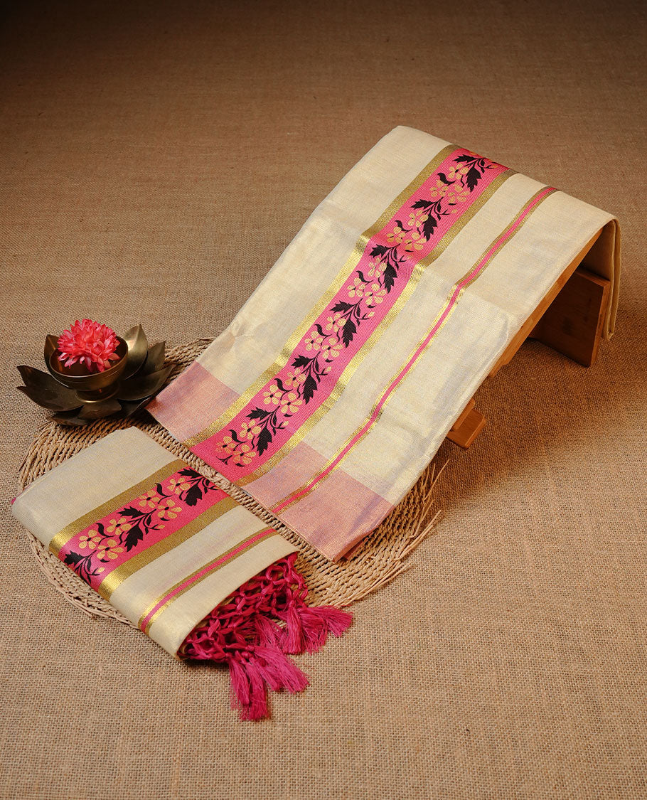 Golden colour Tissue silk set mundu features a plain body accented by a Floral Kodi print on Pink & gold zari border.