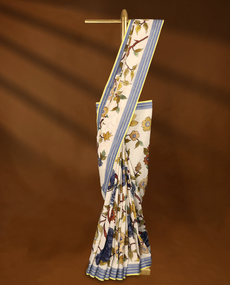 Off-white Colour lightweight khadi cotton saree featuring earthy-coloured digital floral kodi prints on the body and pallu, accented with a Blue border paired with a matching blouse.