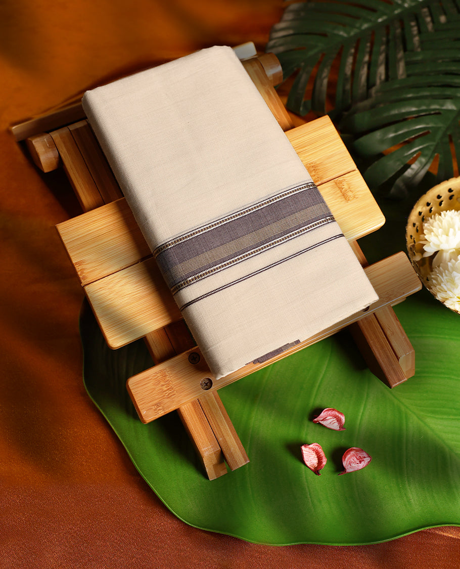 Off white handloom pure cotton double dhoti adorned with a fog grey border featuring fine stripe detailing, offering a refined and traditional look perfect for cultural and festive wear.
