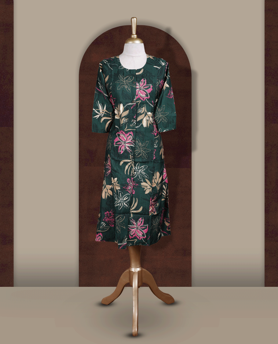 Dark green colour kurthi featuring boldpink,beige,light golden colour floral prints, a round neckline with front button detailing, and comfortable 3/4th sleeves & Designed in a flattering A line silhouette.
