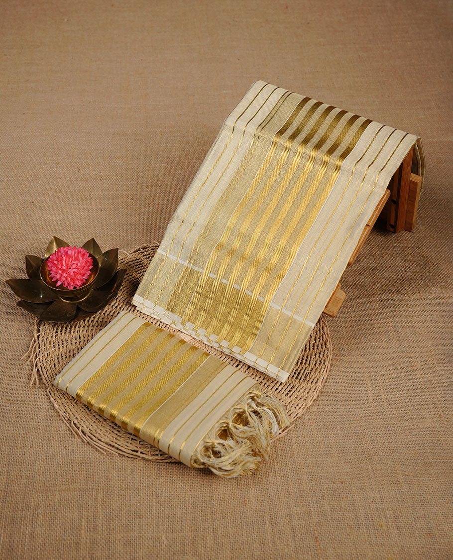 Light Gold colour tissue set mundu highlighting gold zari strip pattern & stripped border