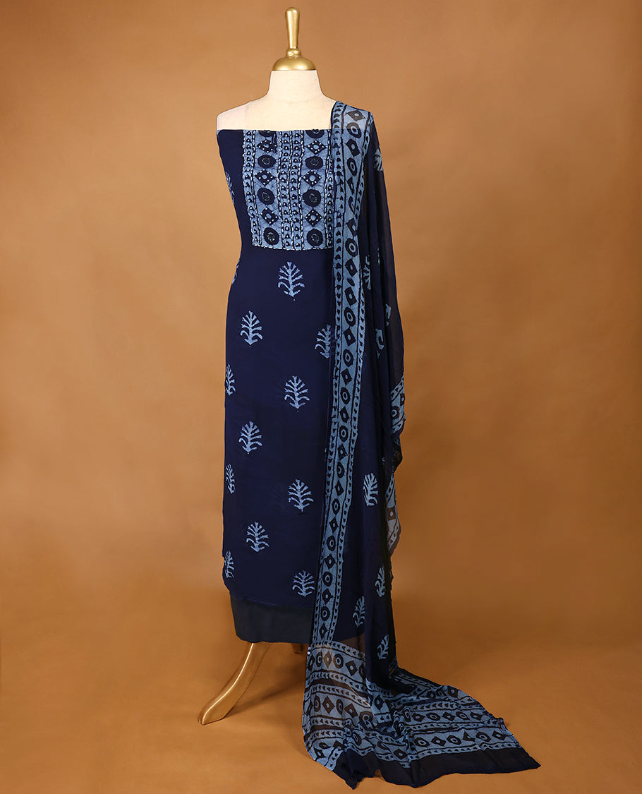 Dark Blue Colour Georgette Top having Thread Work with Bottom and Printed Georgette Dupatta