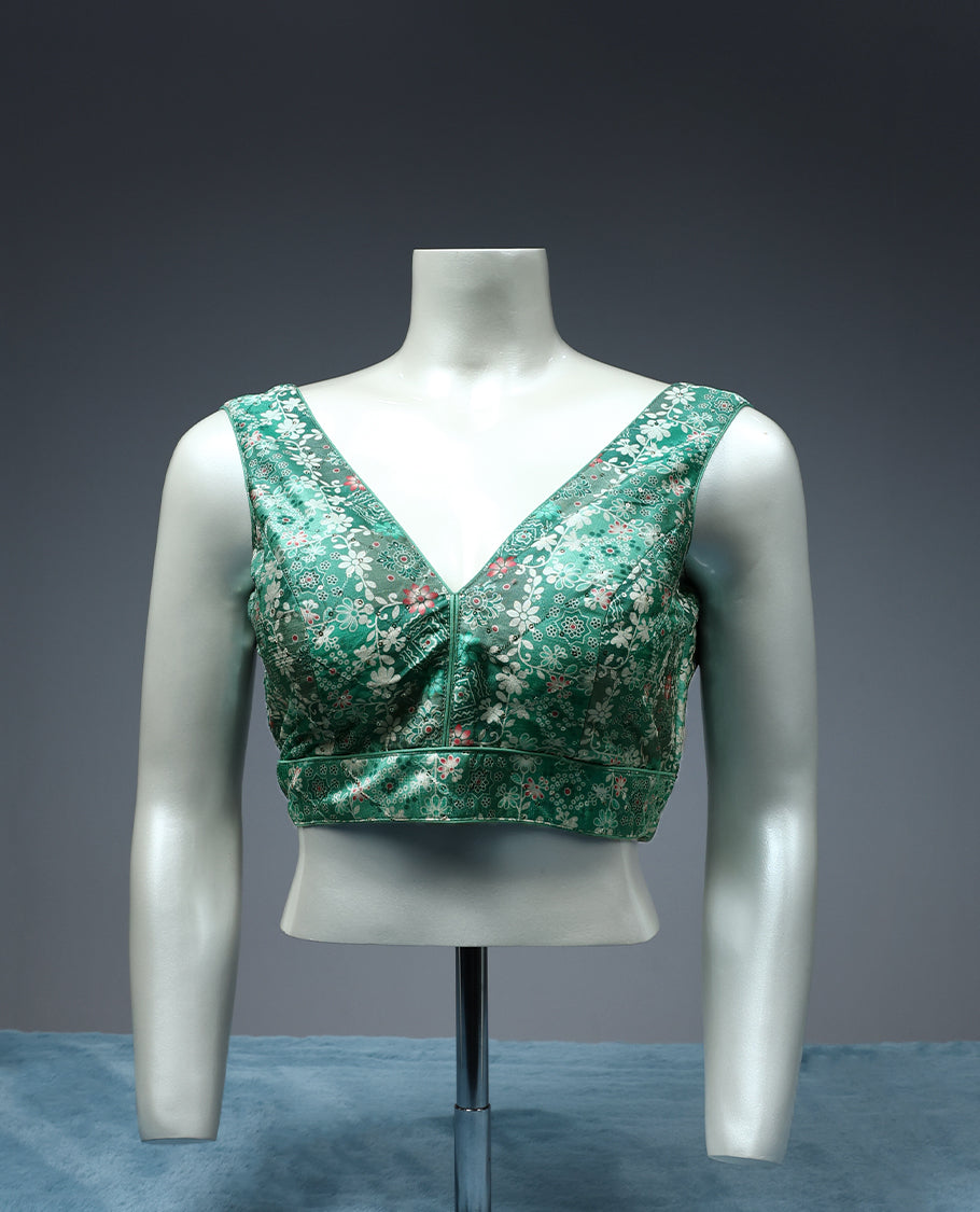 Green Colour Thread and Sequence Work, V Neck, Attachable Sleeves, Padded, Ready Made Blouse.