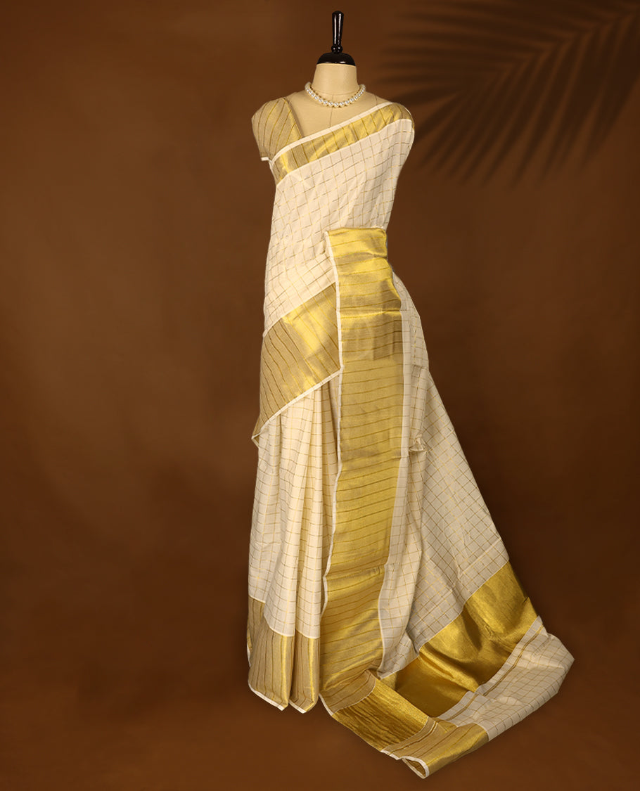 Kerala cotton saree with fine golden Checks and 5 Inch Golden border with Matching Blouse