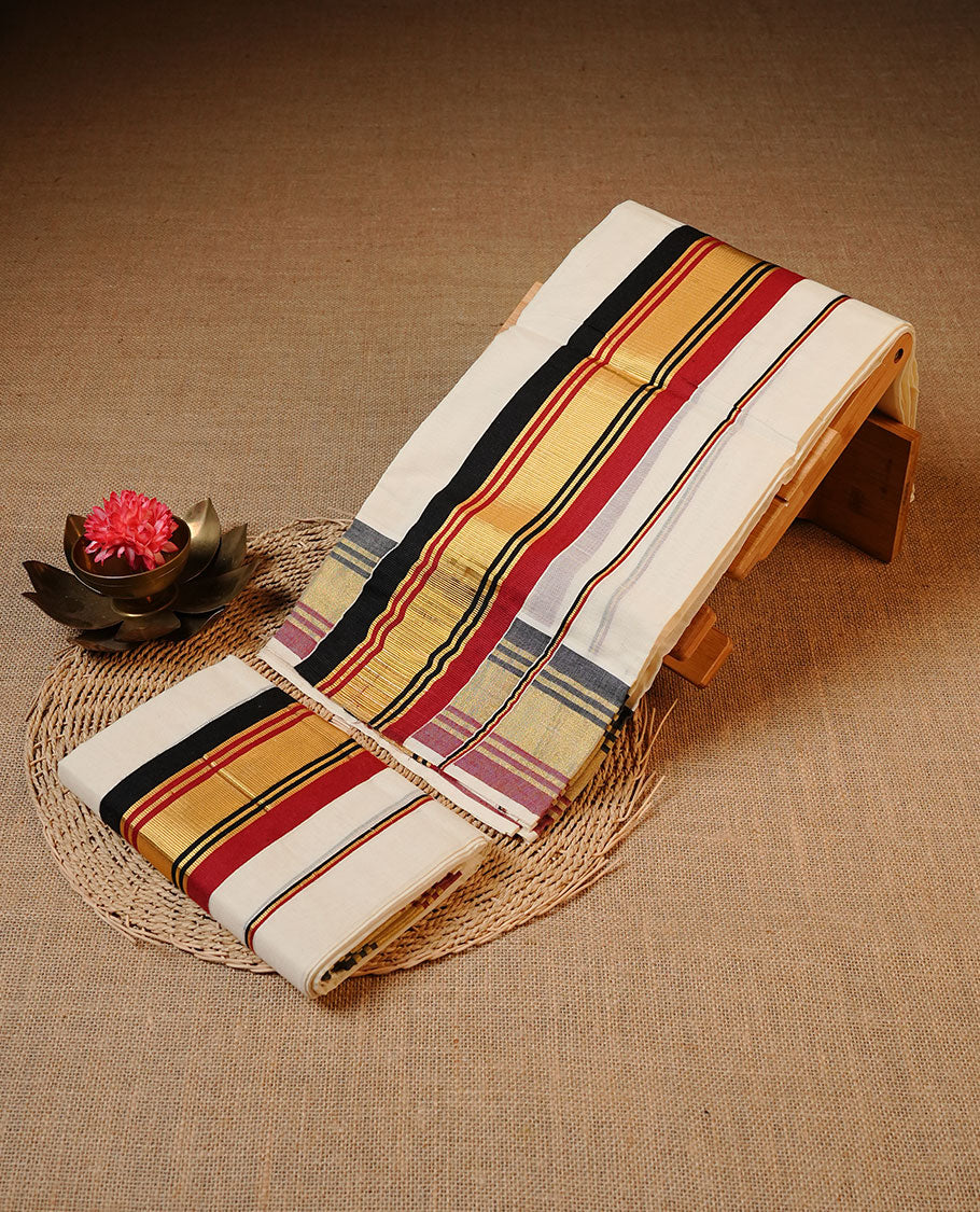 Off white colour cotton Set Mund featuring a plain body, enhanced by a Red, Black, gold zari border.