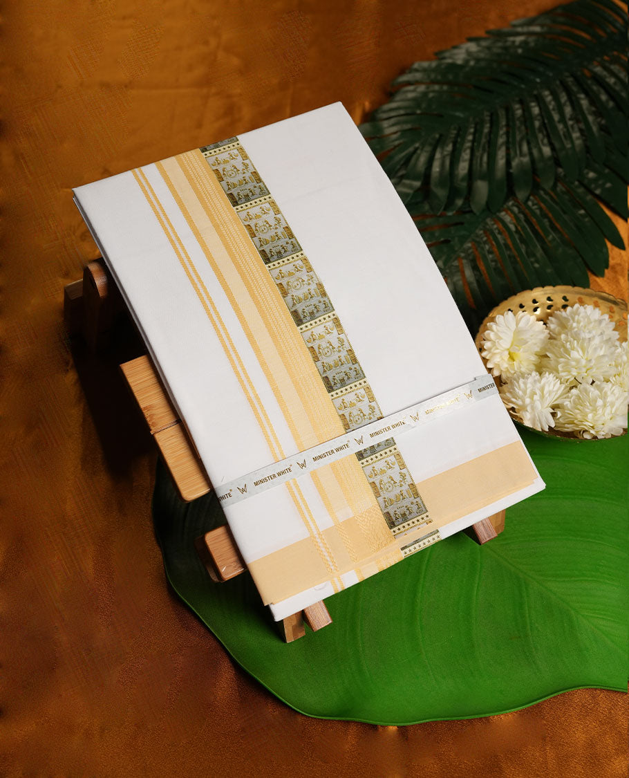 White Colour Minister White Pure Cotton single Dhoti with Cream Colour and printed design Border for Men