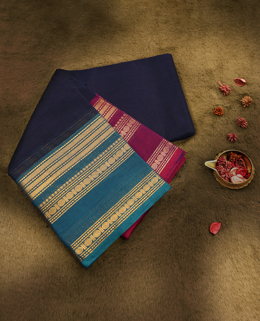 Navy Blue Colour Mixed Chettinad Cotton Saree having plain Body with Ganga Jamuna Border and Self Coloured Blouse