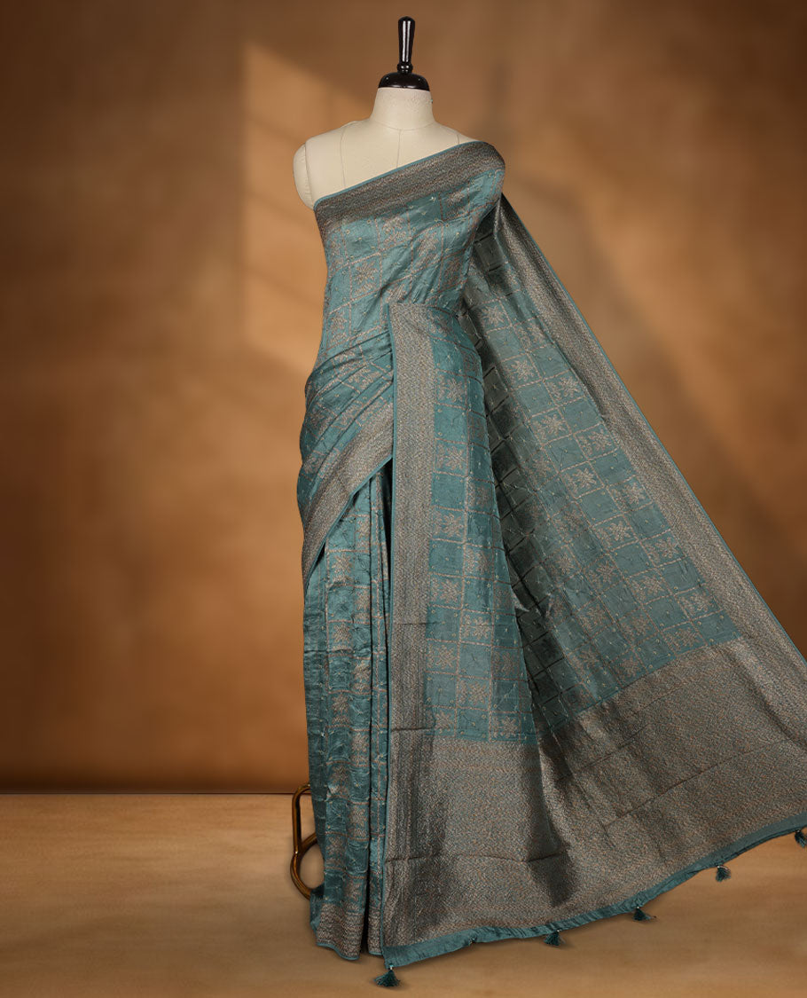 Blue Green colour Banarasi Bandhani silk saree featuring with intricate Banarasi motifs on body, complemented by antique zari woven border and grand pallu, paired with matching blouse