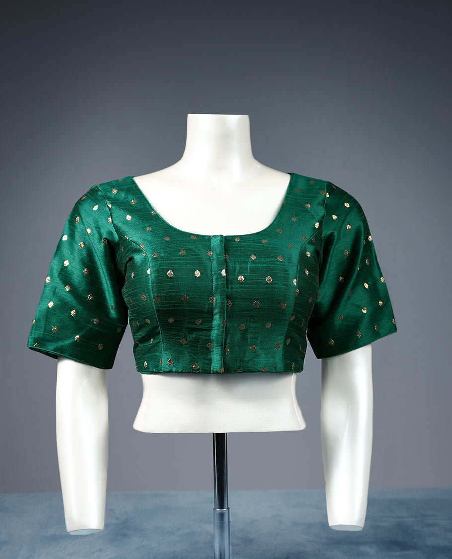 Green Colour Golden Round Motifs, Round Neck, 2/4th Sleeves, Padded, Ready Made Blouse.