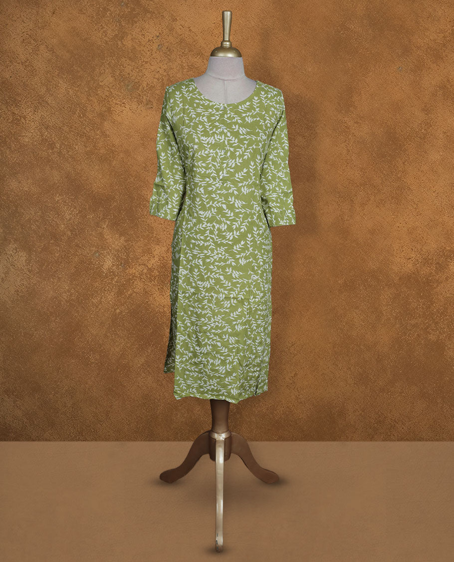 Olive colour kurti with White floral prints, knee length design, styled with a round neckline and a sleeve .