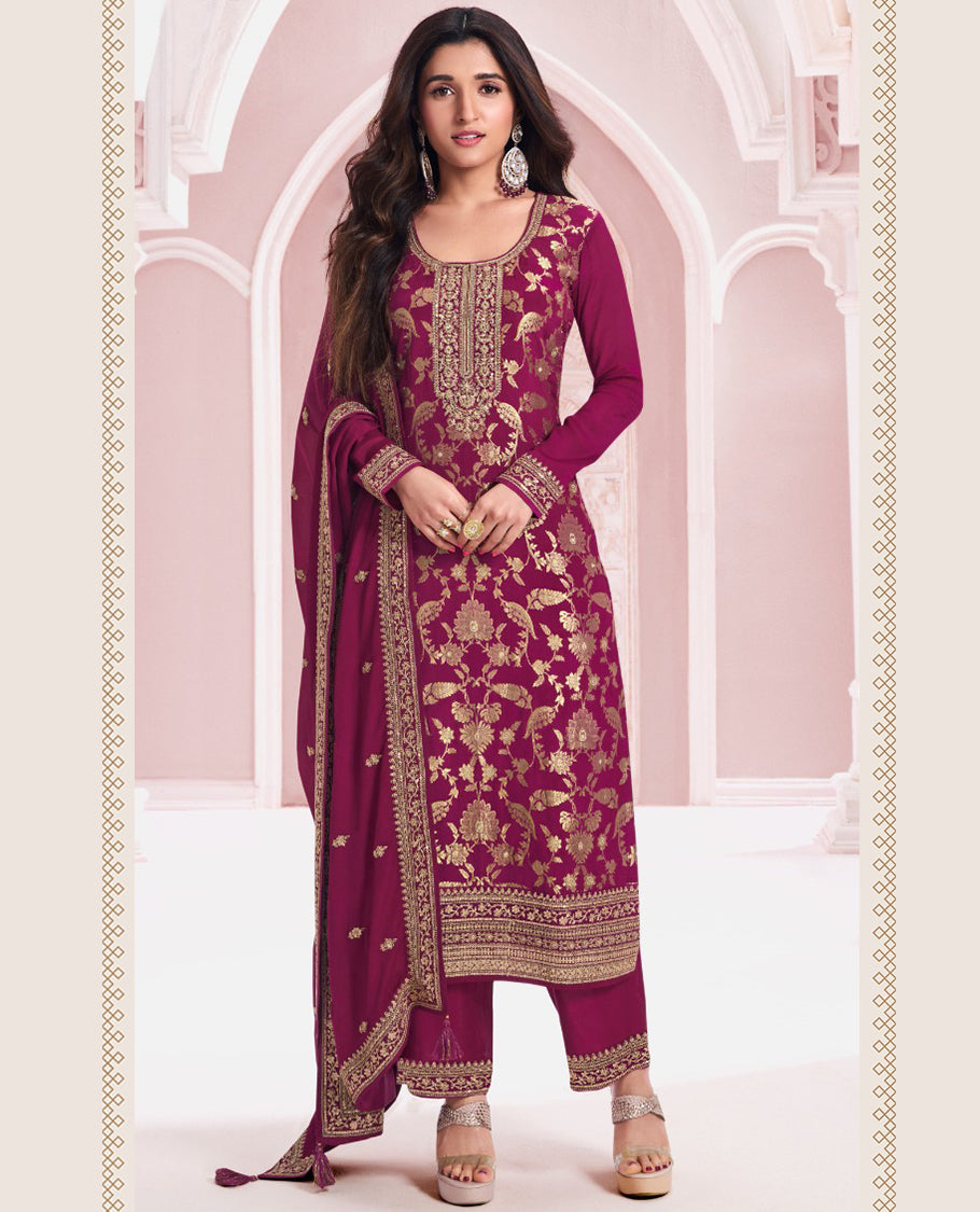 Wine Colour Chinon jacquard top, paired with an embroidered Santoon bottom and matching embroidered Chinon dupatta