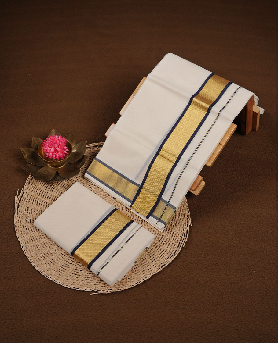 Off white colour cotton set mundu highlights gold and black border (2.00/2.80 MTS)