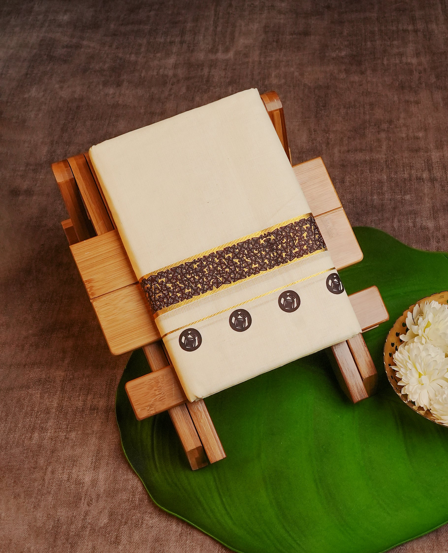 Cream Colour Cotton Double Dhoti Finished With A Classic Gold Zari Kasav & Digital Print Kara