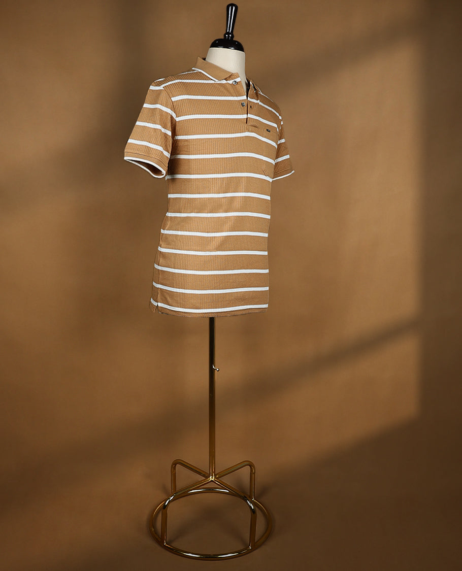 Biscuit with White Striped BRANDMOVER Half Sleeve T-Shirt for Men