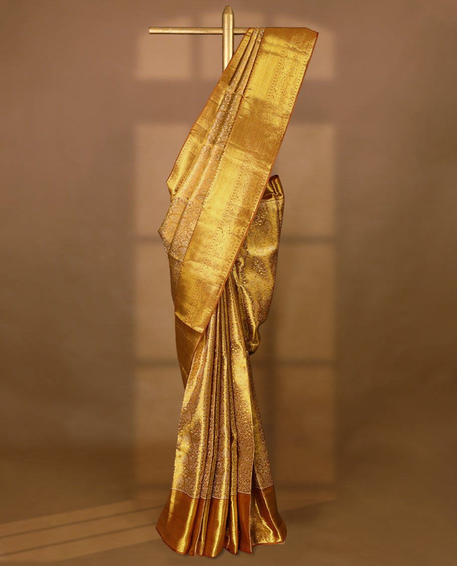 Golden Colour Pure Tissue Wedding Saree having Zari Jaal Body with Wood Brown Brocade Border and Blouse