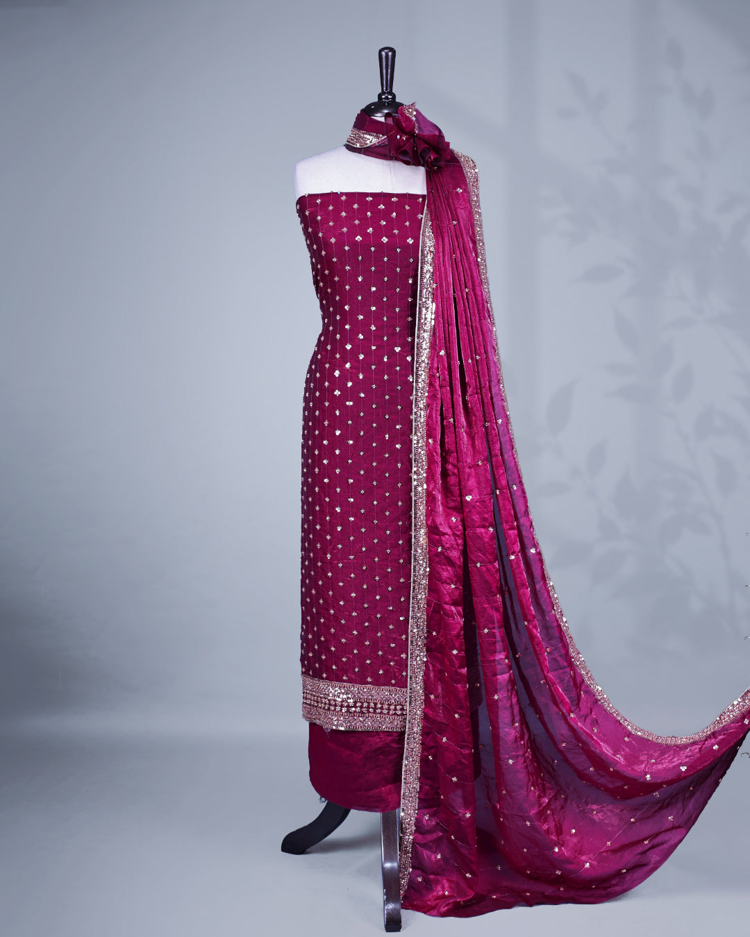 Purple colour salwar material with Cut beats & sequins work on body, Matching Bottom & dupatta.