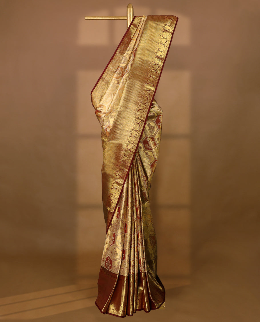 Golden Colour Pure Tissue Wedding Saree having Zari Worked Body with Dark Maroon Brocade Border and Blouse