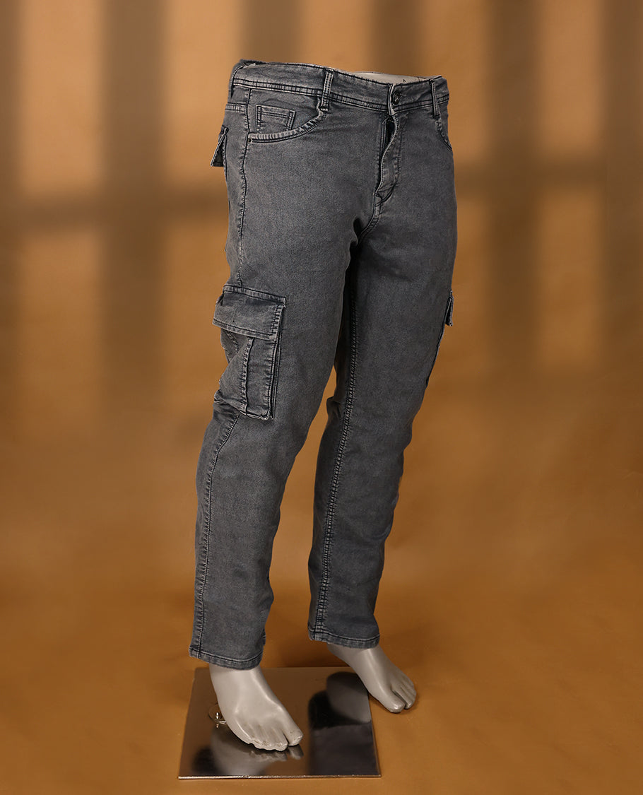 Faded black colour High Quality HMN JNS Denim baggy cargo round pocket for men.