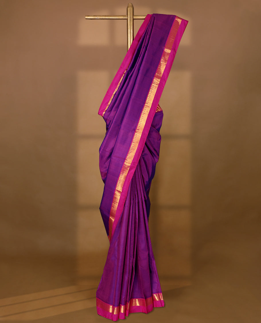 Double Shade Purple Colour Pure Kancheepuram Traditional Silk Saree having Plain Body with Contrast Border and Blouse