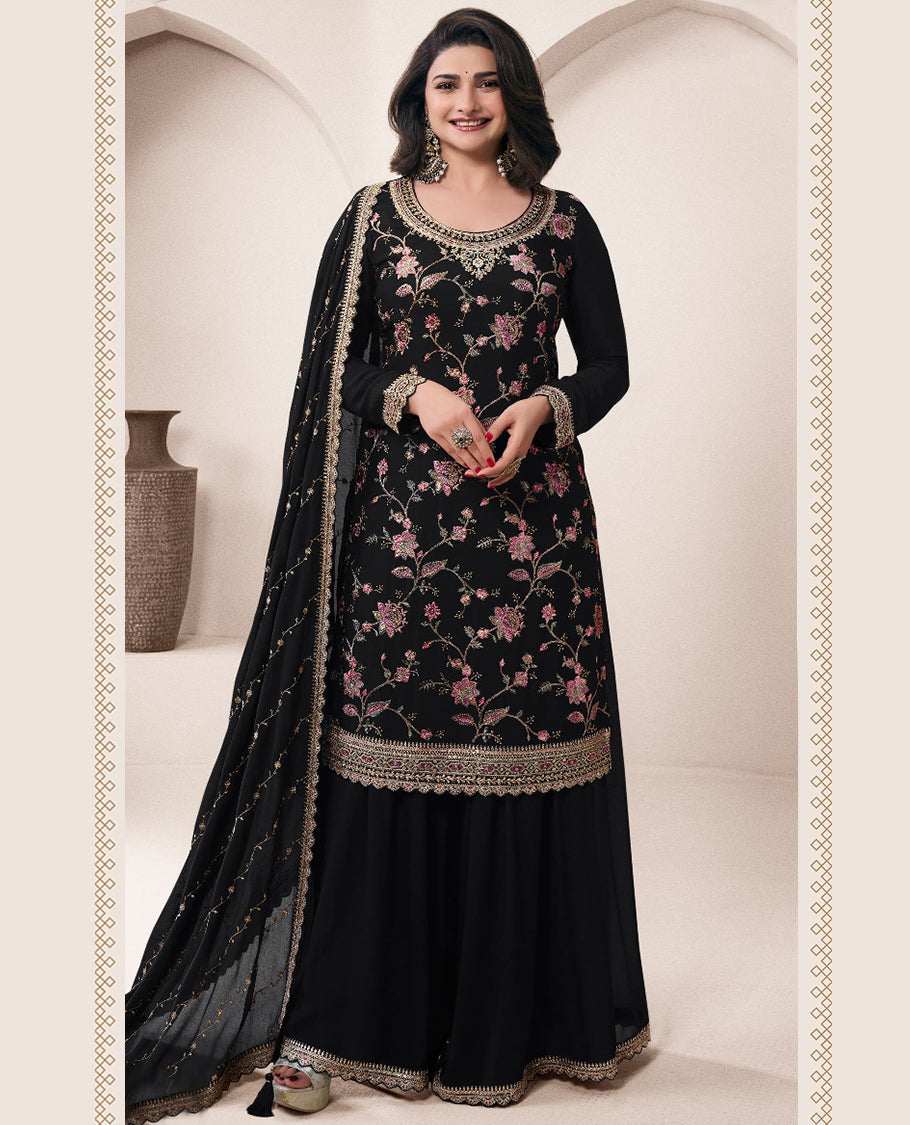 Black, Chinon set featuring multi-thread embroidery with handworked top, sharara bottom, and matching dupatta